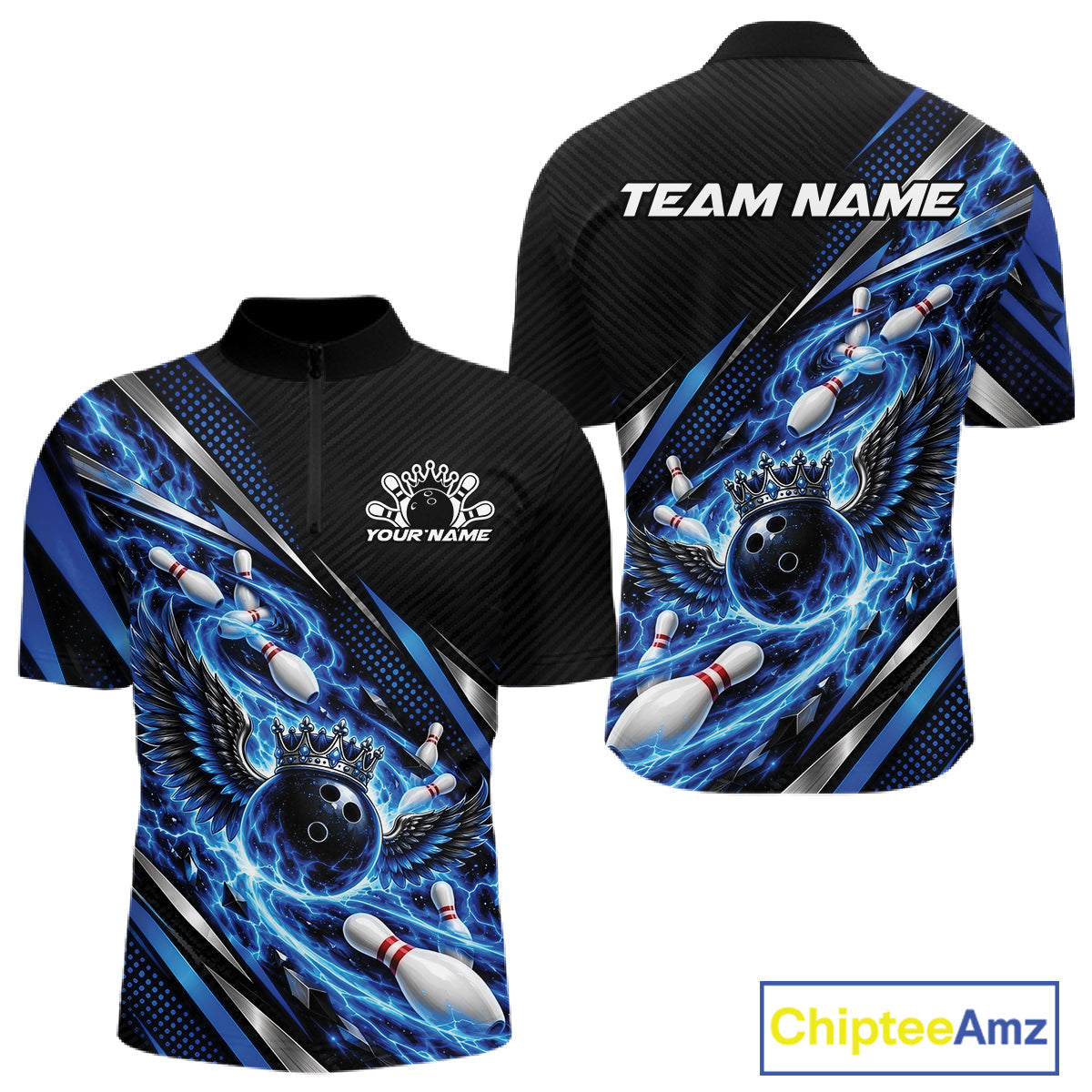Custom Blue Flame Bowling Quarter Zip Shirt, Crown Bowling Ball With Wings Bowling Jersey