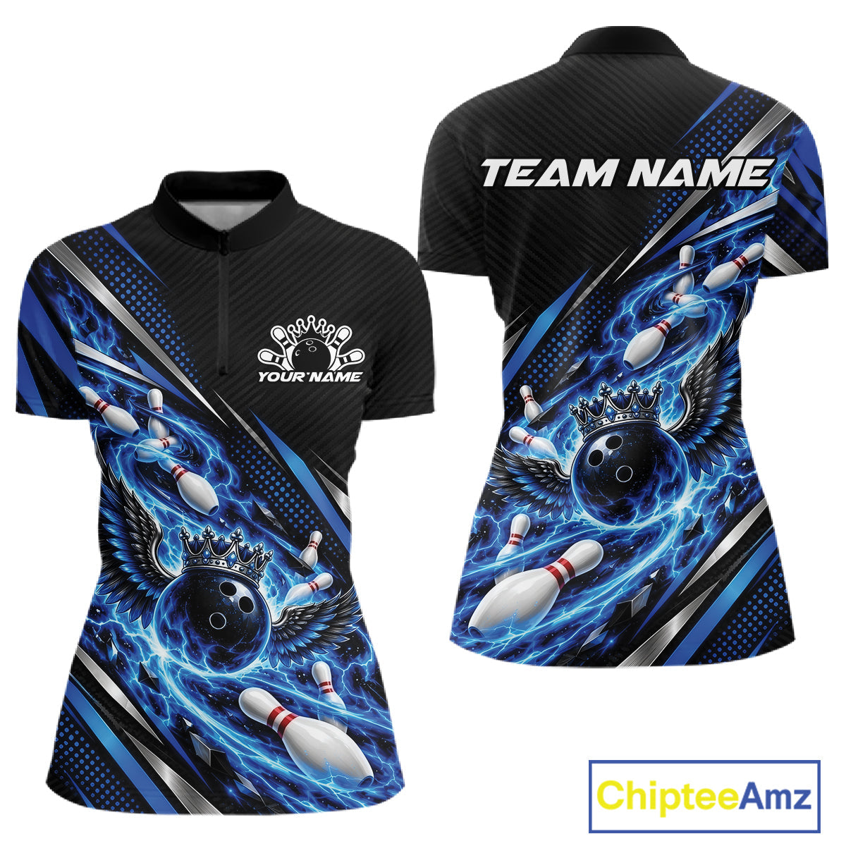 Custom Blue Flame Bowling Shirt, Crown Bowling Ball With Wings Bowling Jersey