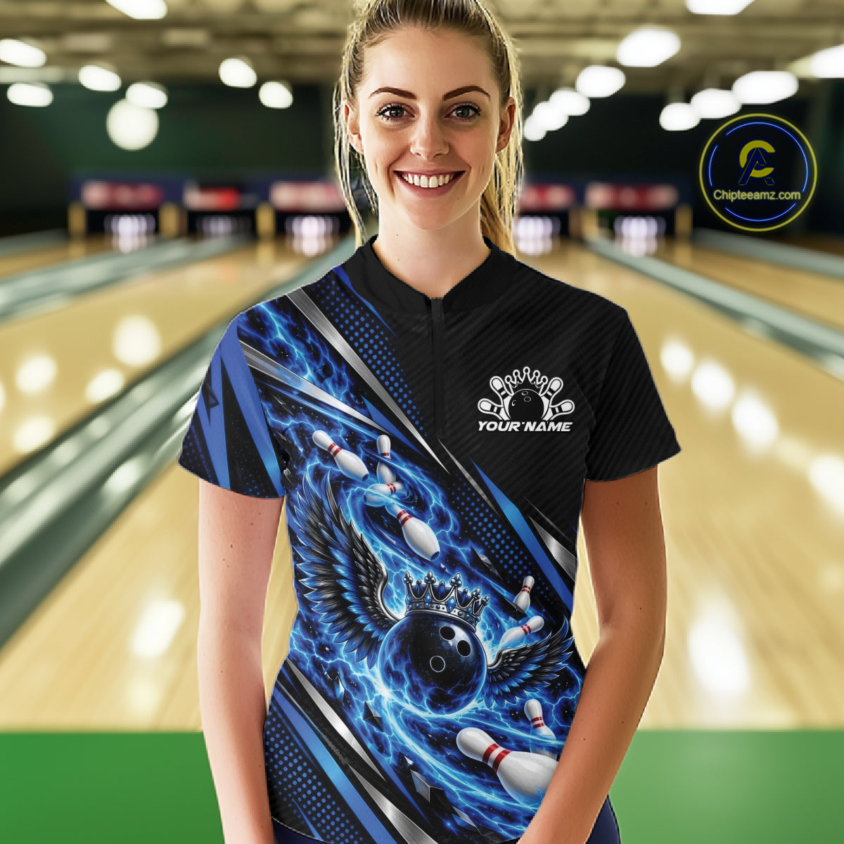 Custom Blue Flame Bowling Shirt, Crown Bowling Ball With Wings Bowling Jersey