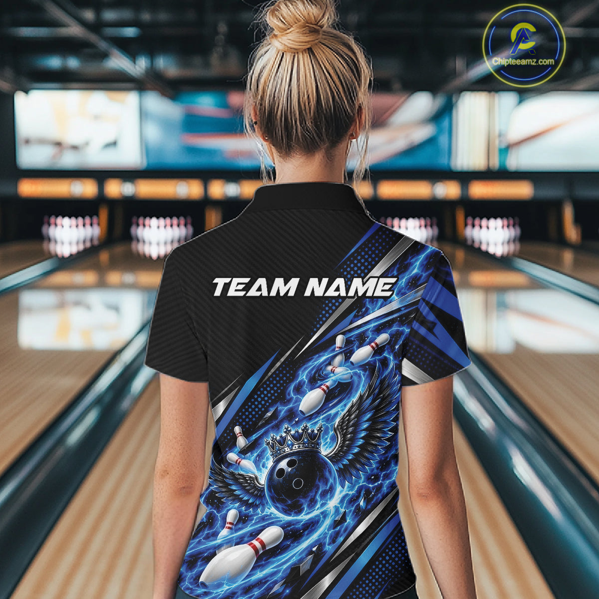 Custom Blue Flame Bowling Shirt, Crown Bowling Ball With Wings Bowling Jersey