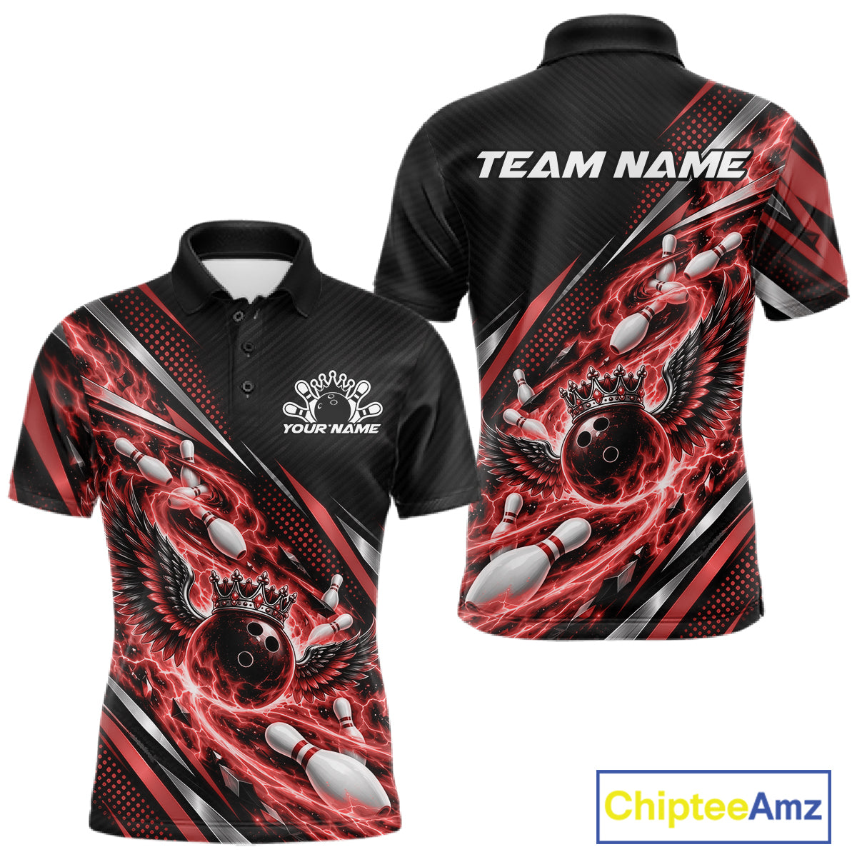 Custom Red Flame Bowling Polo Shirt, Crown Bowling Ball With Wings Bowling Jersey