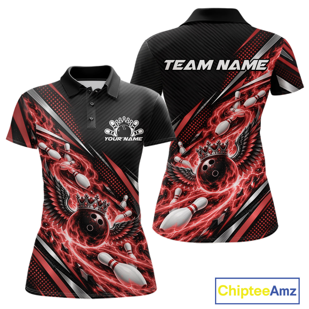 Custom Red Flame Bowling Polo Shirt, Crown Bowling Ball With Wings Bowling Jersey