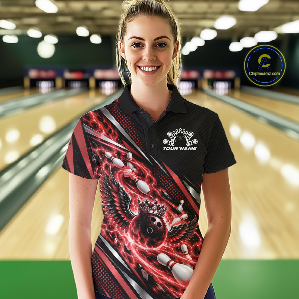 Custom Red Flame Bowling Polo Shirt, Crown Bowling Ball With Wings Bowling Jersey