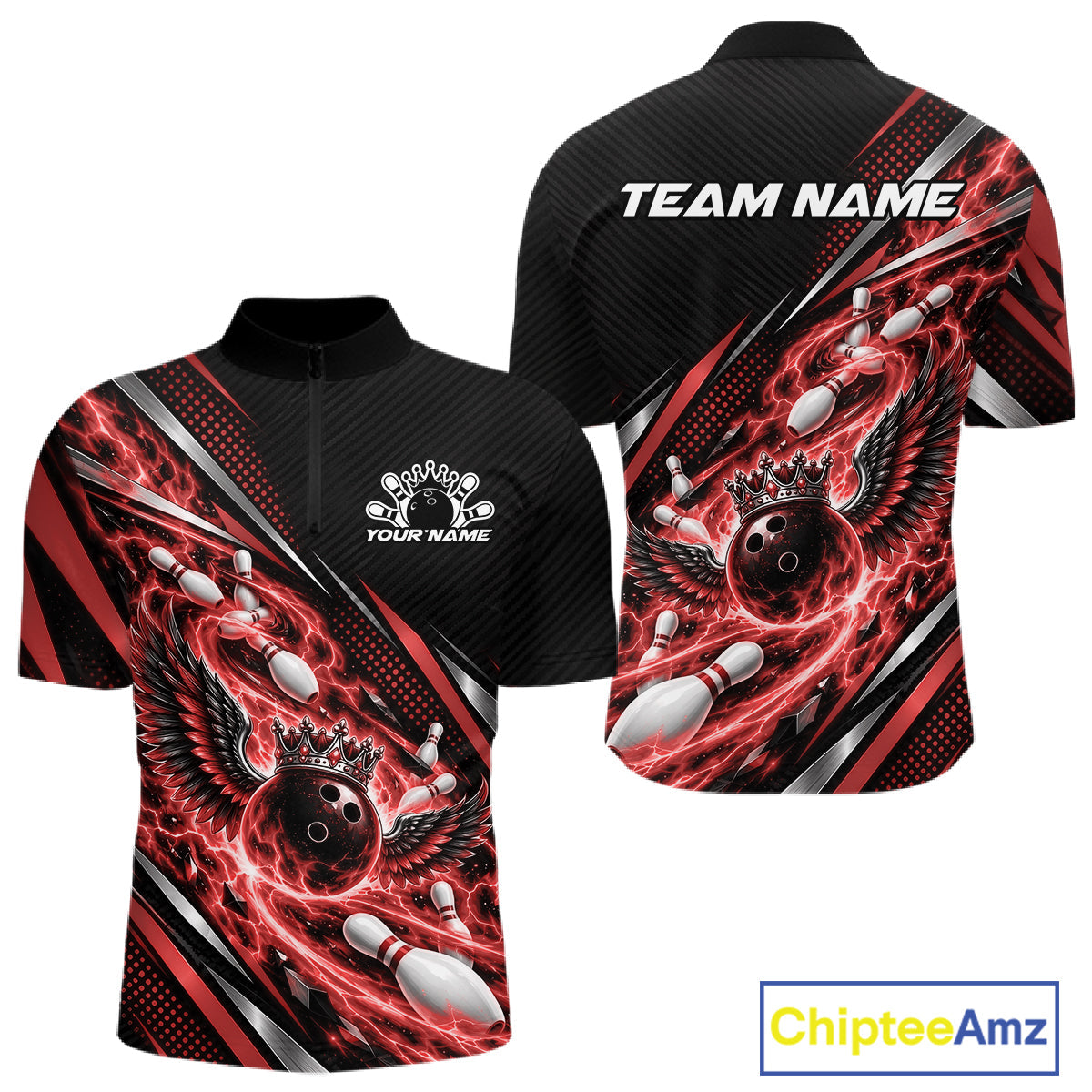 Custom Red Flame Bowling Quarter Zip Shirt, Crown Bowling Ball With Wings Bowling Jersey