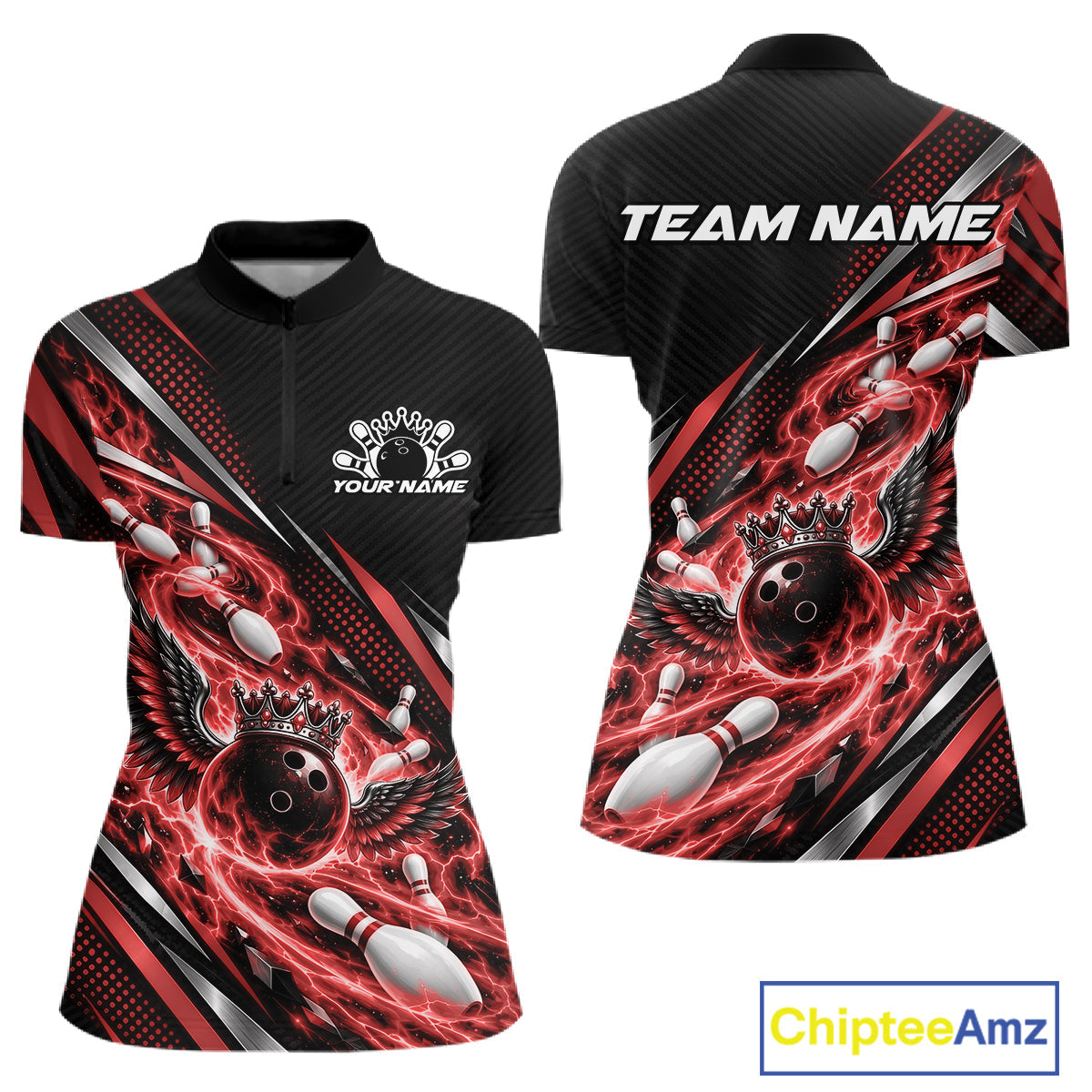 Custom Red Flame Bowling Quarter-Zip Shirt, Crown Bowling Ball Bowling Jersey
