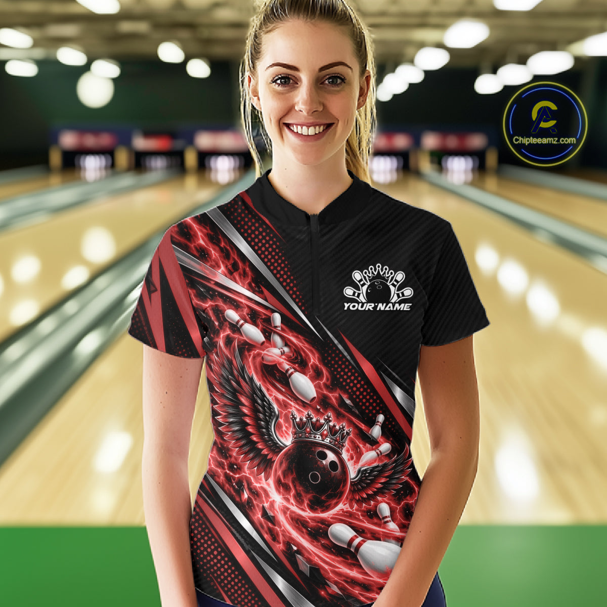 Custom Red Flame Bowling Quarter-Zip Shirt, Crown Bowling Ball Bowling Jersey