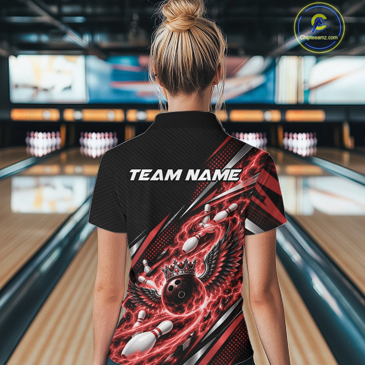 Custom Red Flame Bowling Quarter-Zip Shirt, Crown Bowling Ball Bowling Jersey