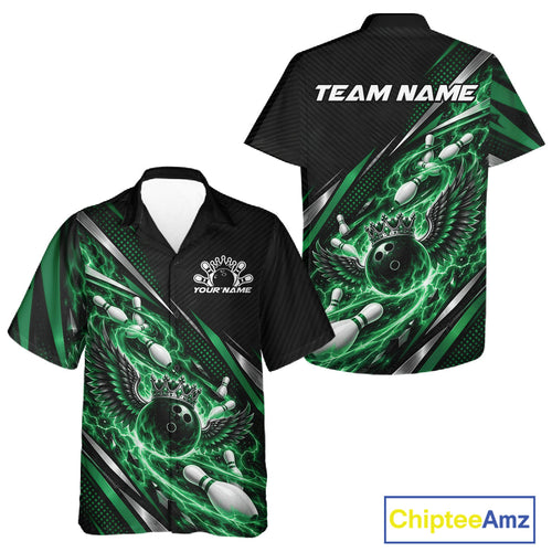 Custom Green Flame Bowling And Button Up Shirt, Crown Bowling Ball With Wings Bowling Jersey