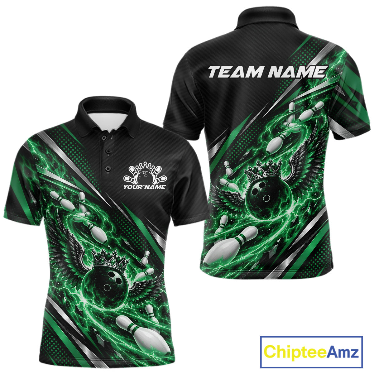 Custom Green Flame Bowling Polo Shirt, Crown Bowling Ball With Wings Bowling Jersey
