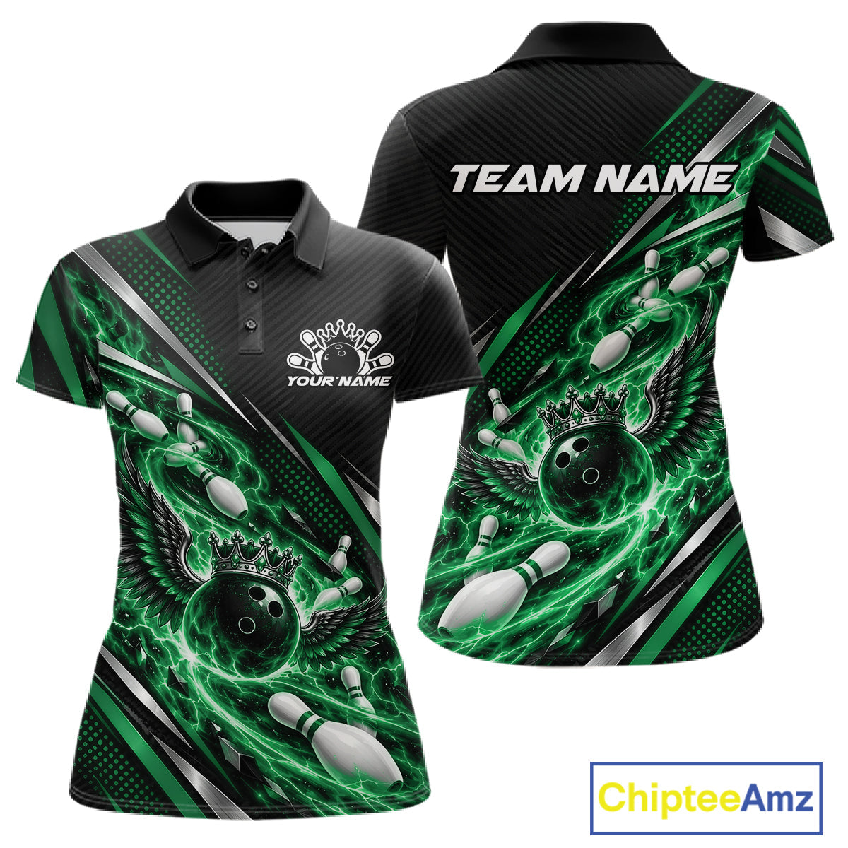 Custom Green Flame Bowling Polo Shirt, Crown Bowling Ball With Wings Bowling Jersey