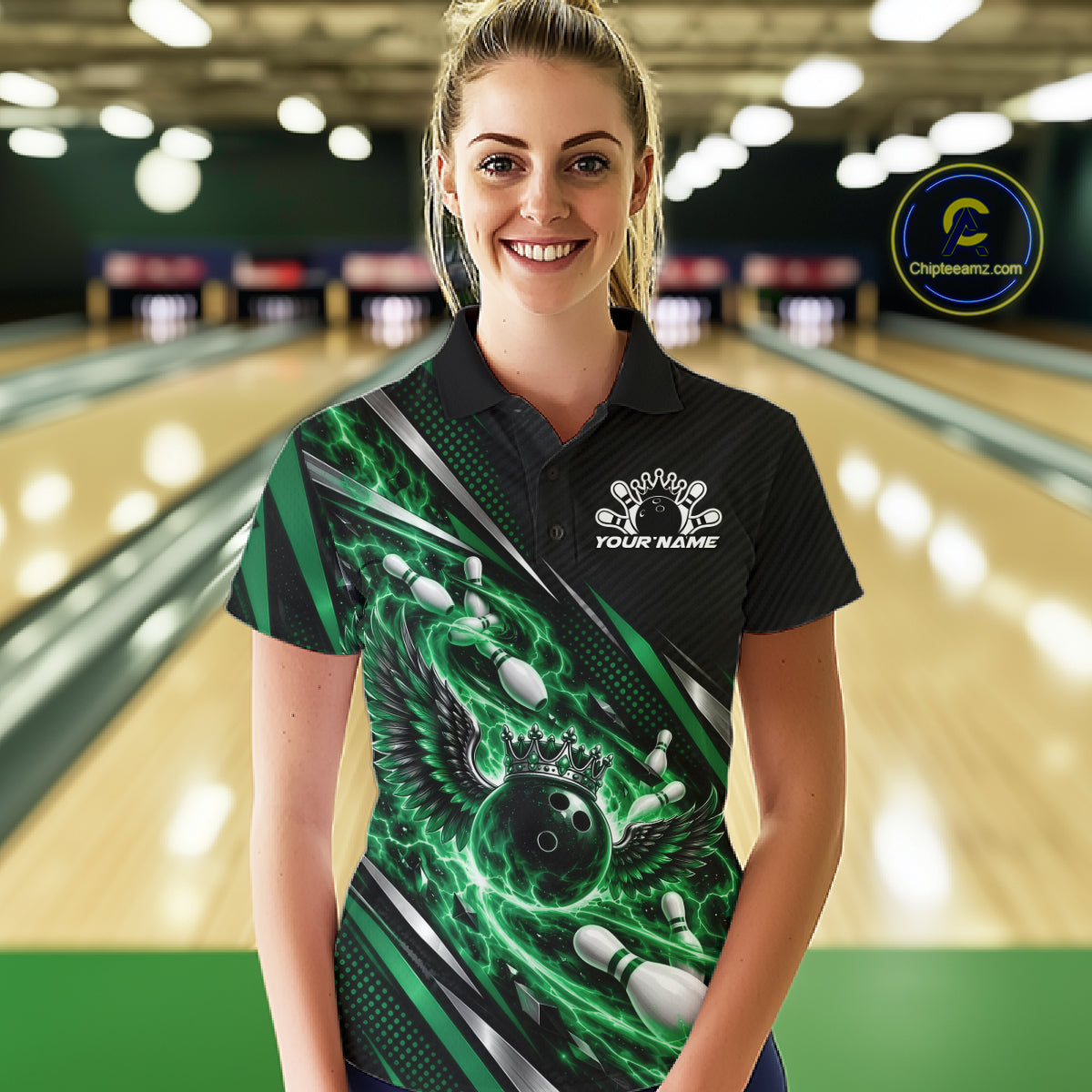 Custom Green Flame Bowling Polo Shirt, Crown Bowling Ball With Wings Bowling Jersey