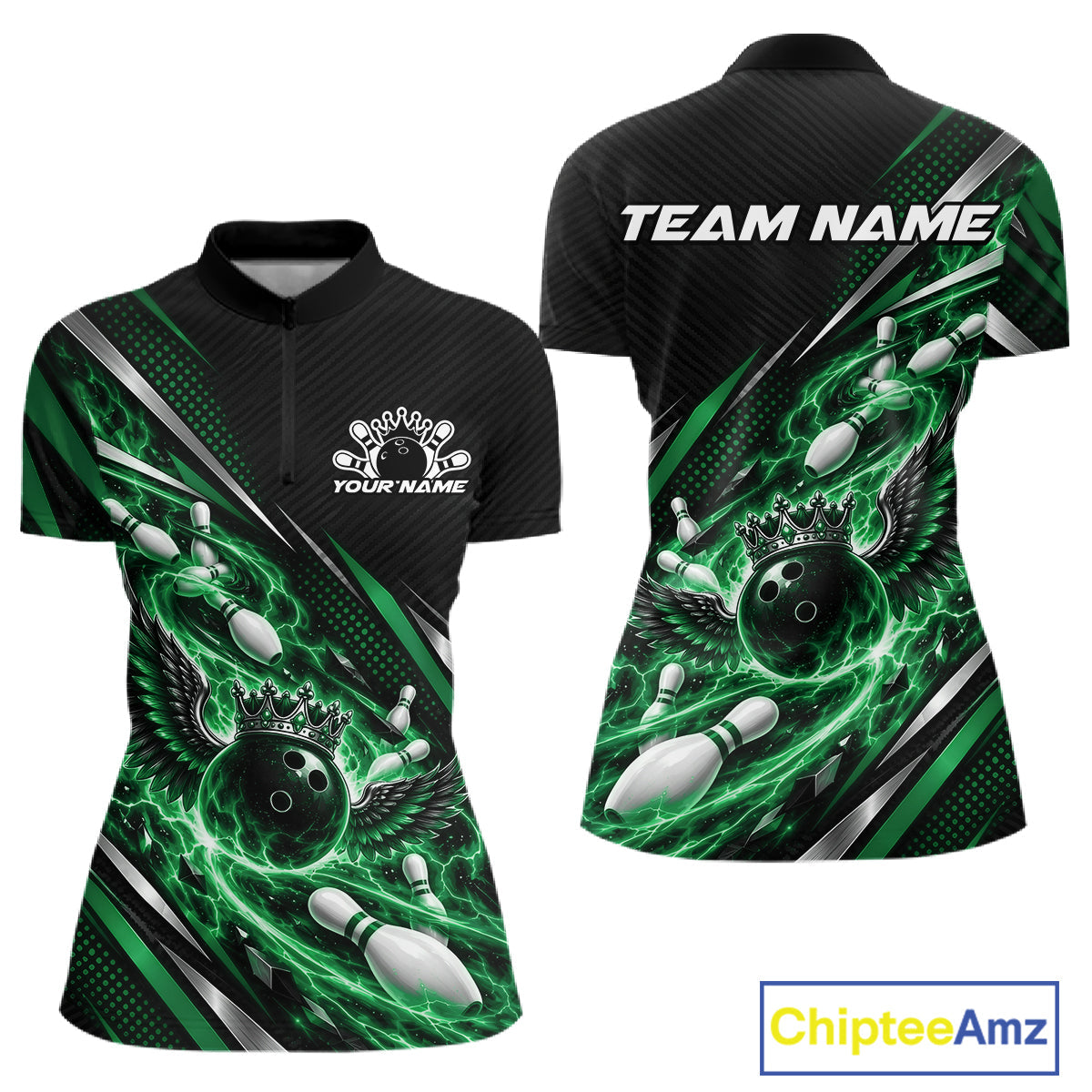 Custom Green Flame Bowling Quarter-Zip Shirt, Crown Bowling Ball Bowling Jersey