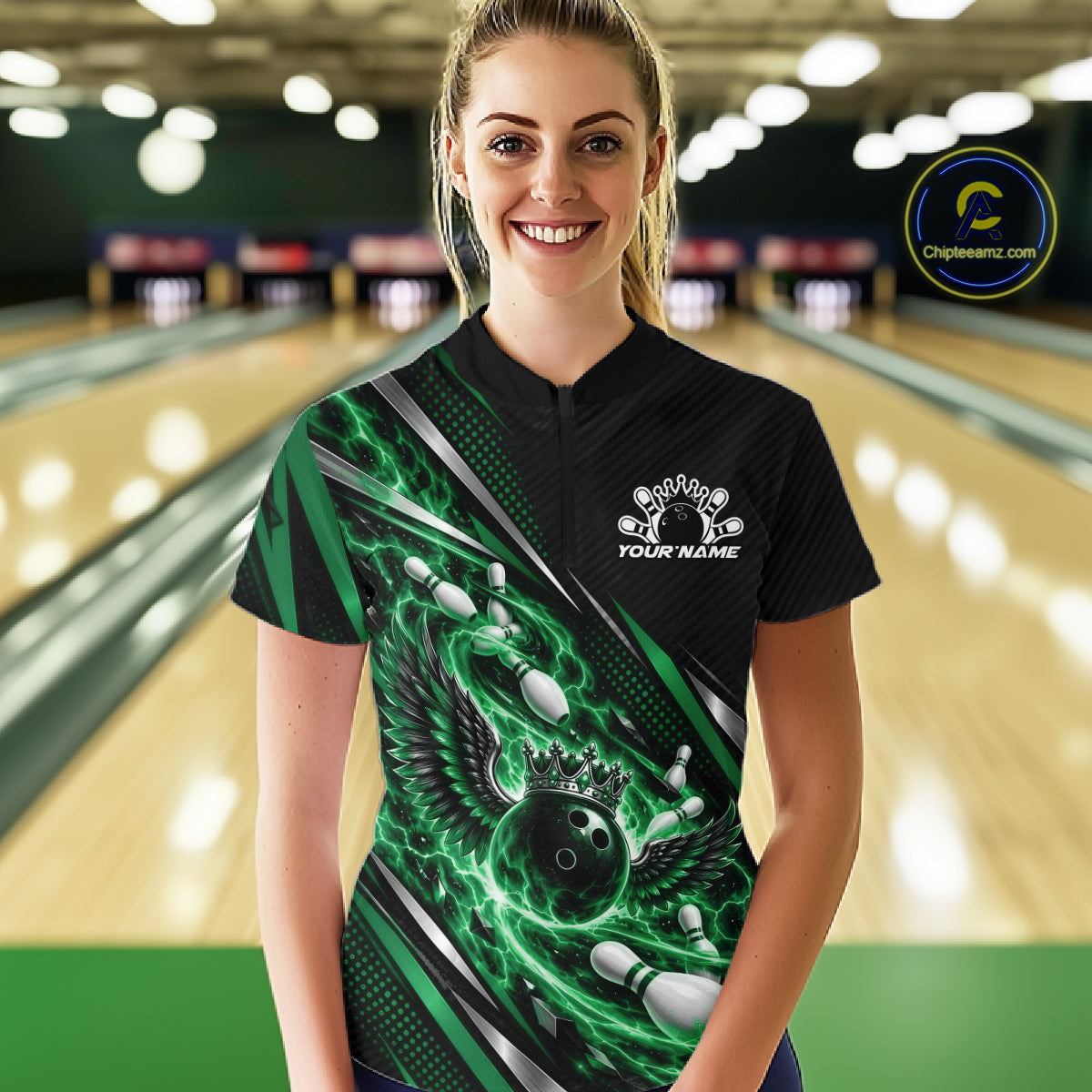 Custom Green Flame Bowling Quarter-Zip Shirt, Crown Bowling Ball Bowling Jersey