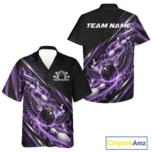 Custom Purple Flame Bowling And Button Up Shirt, Crown Bowling Ball With Wings Bowling Jersey