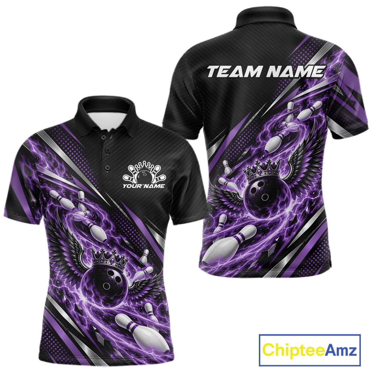 Custom Purple Flame Bowling Polo Shirt, Crown Bowling Ball With Wings Bowling Jersey