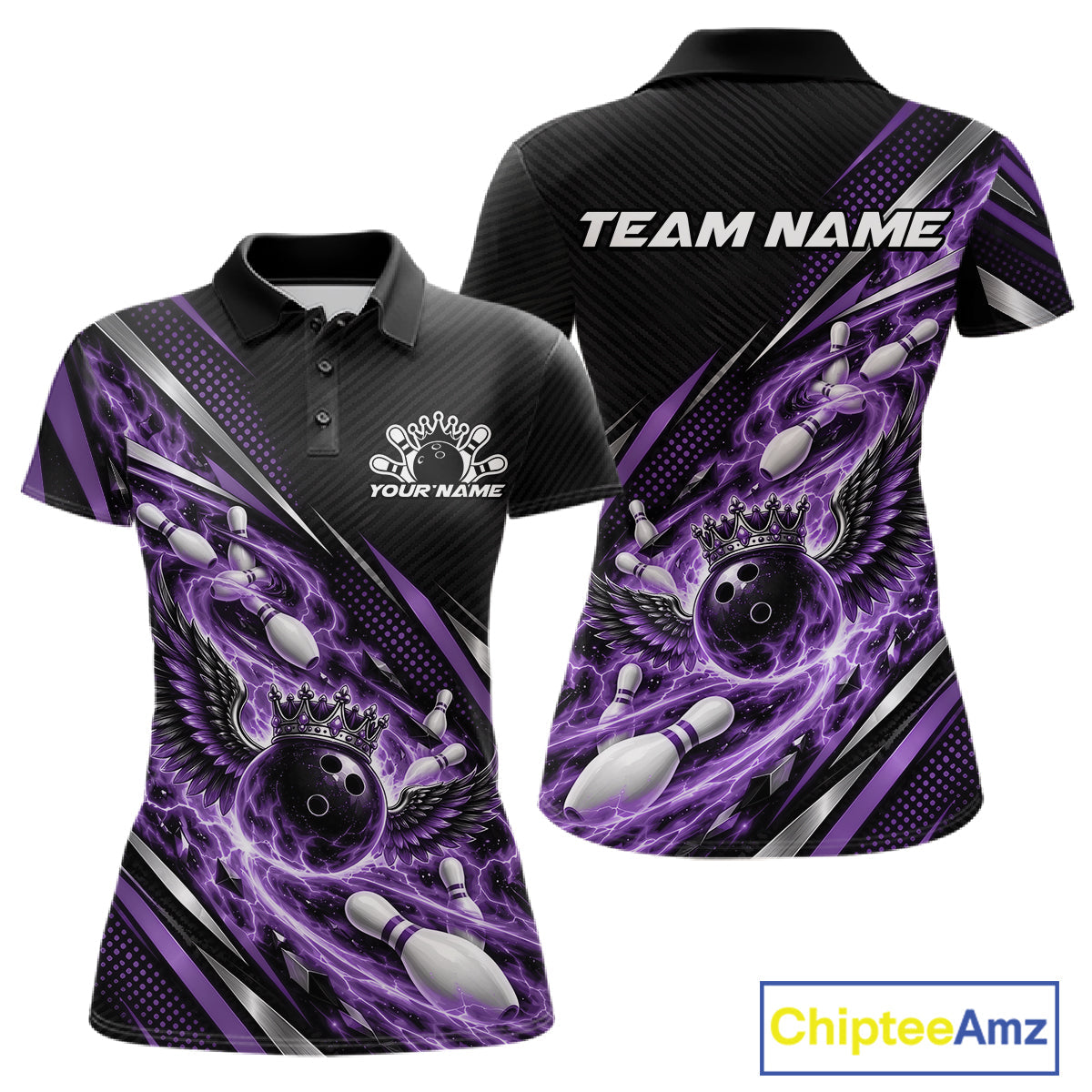 Custom Purple Flame Bowling Polo Shirt, Crown Bowling Ball With Wings Bowling Jersey