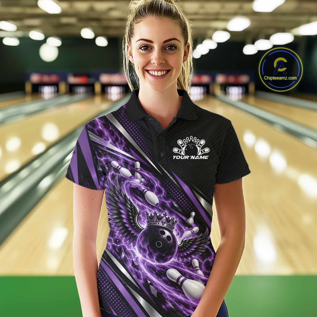 Custom Purple Flame Bowling Polo Shirt, Crown Bowling Ball With Wings Bowling Jersey