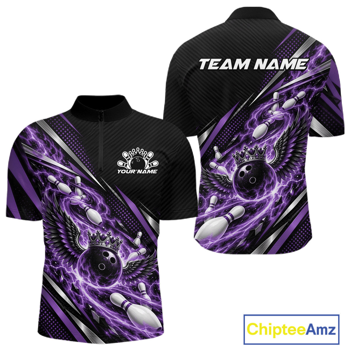 Custom Purple Flame Bowling Quarter Zip Shirt, Crown Bowling Ball With Wings Bowling Jersey