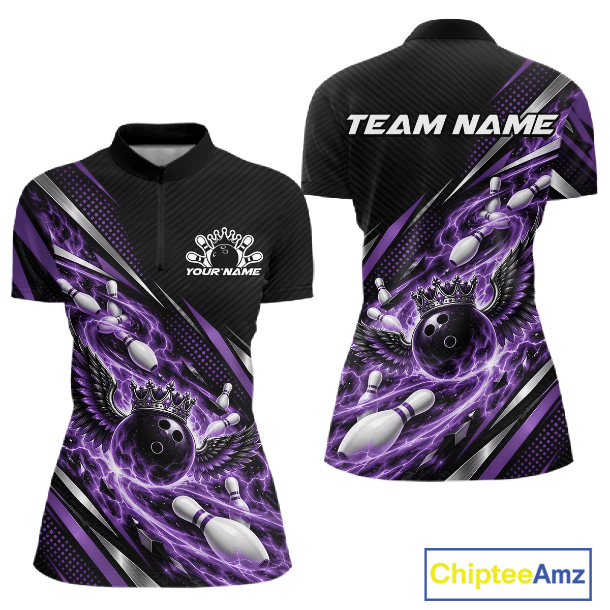 Custom Purple Flame Bowling Quarter-Zip Shirt, Crown Bowling Ball Bowling Jersey