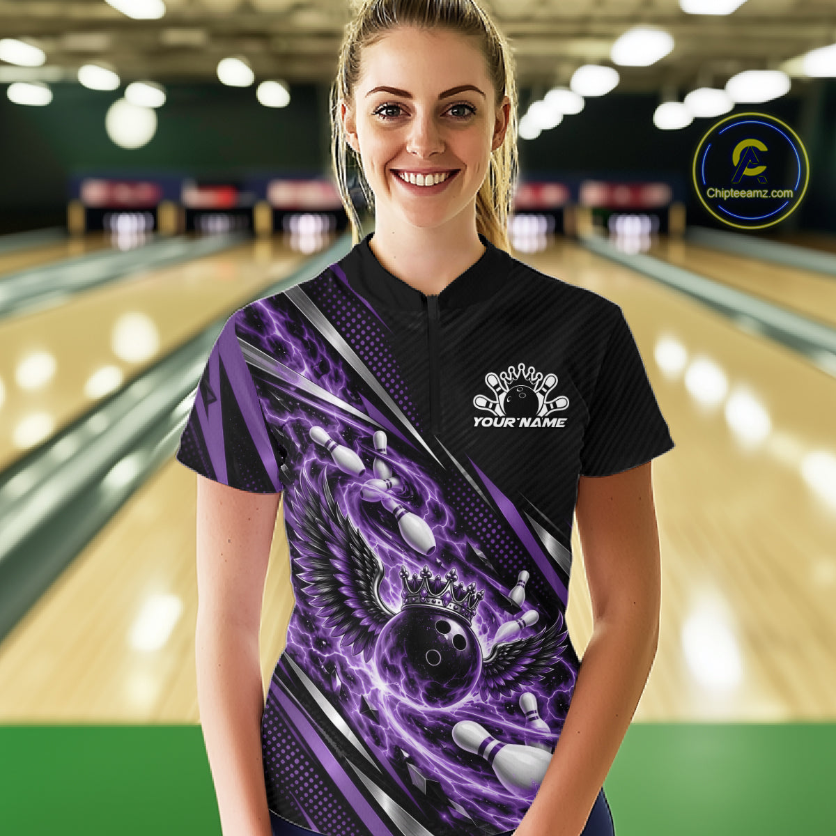 Custom Purple Flame Bowling Quarter-Zip Shirt, Crown Bowling Ball Bowling Jersey