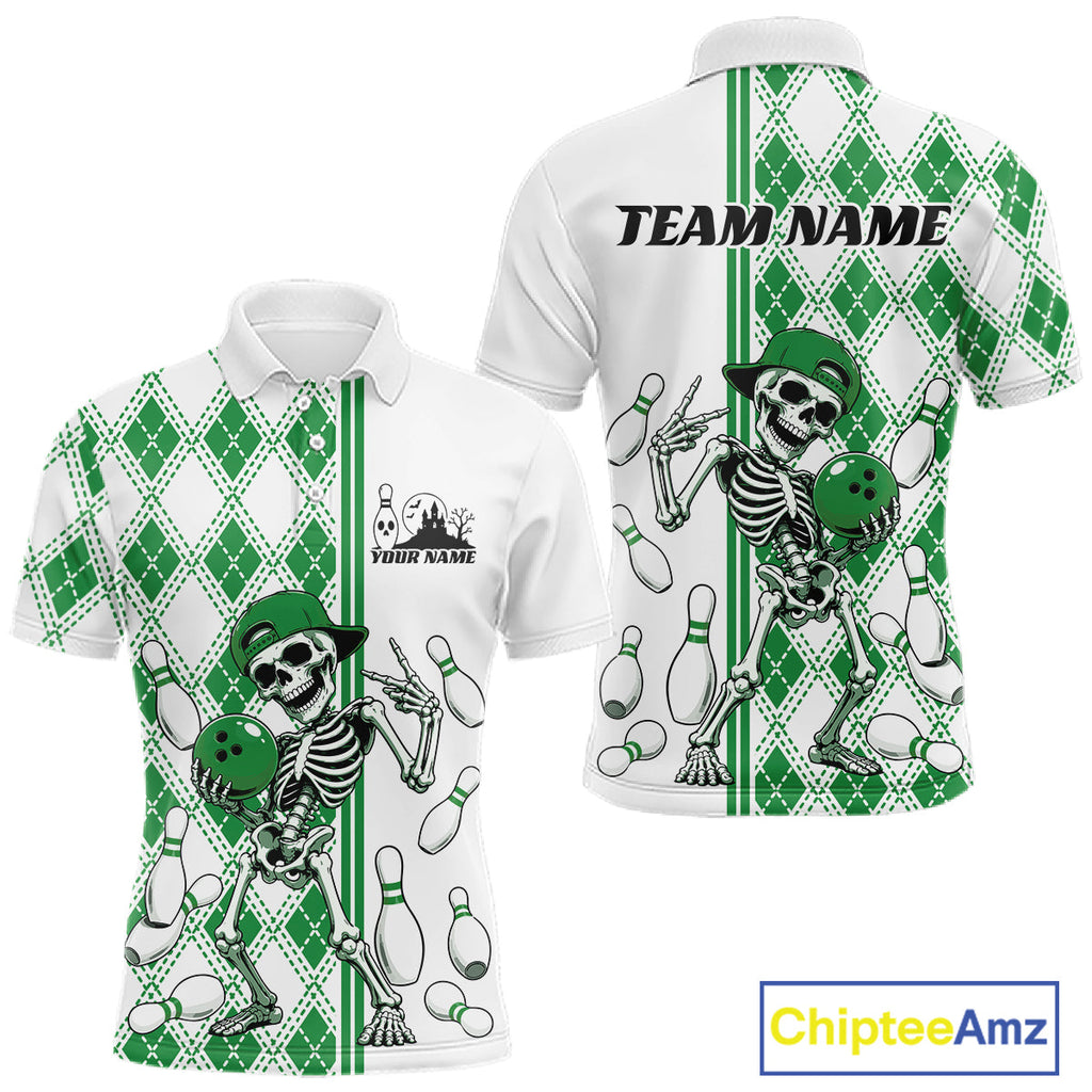 Custom Green Argyle Pattern Funny Skeleton Halloween Bowling Polo Shirt