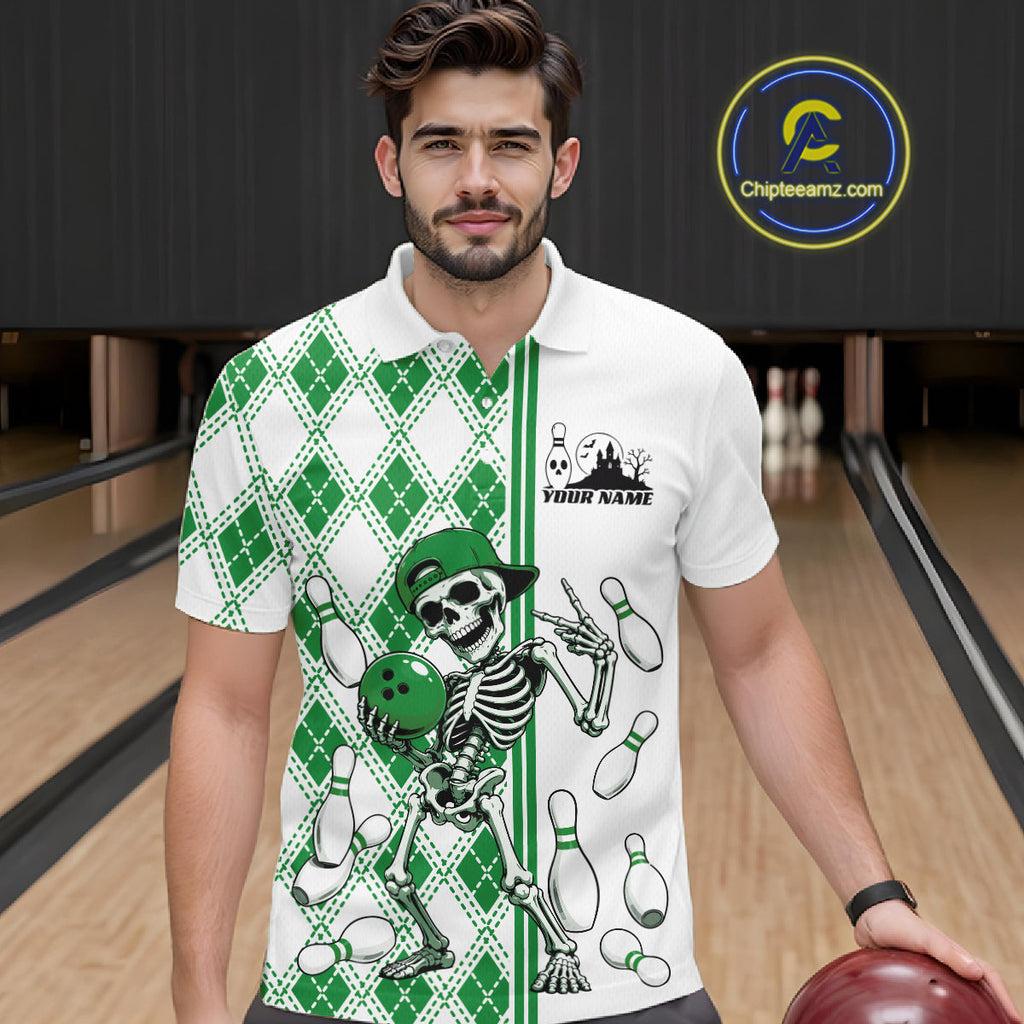 Custom Green Argyle Pattern Funny Skeleton Halloween Bowling Polo Shirt