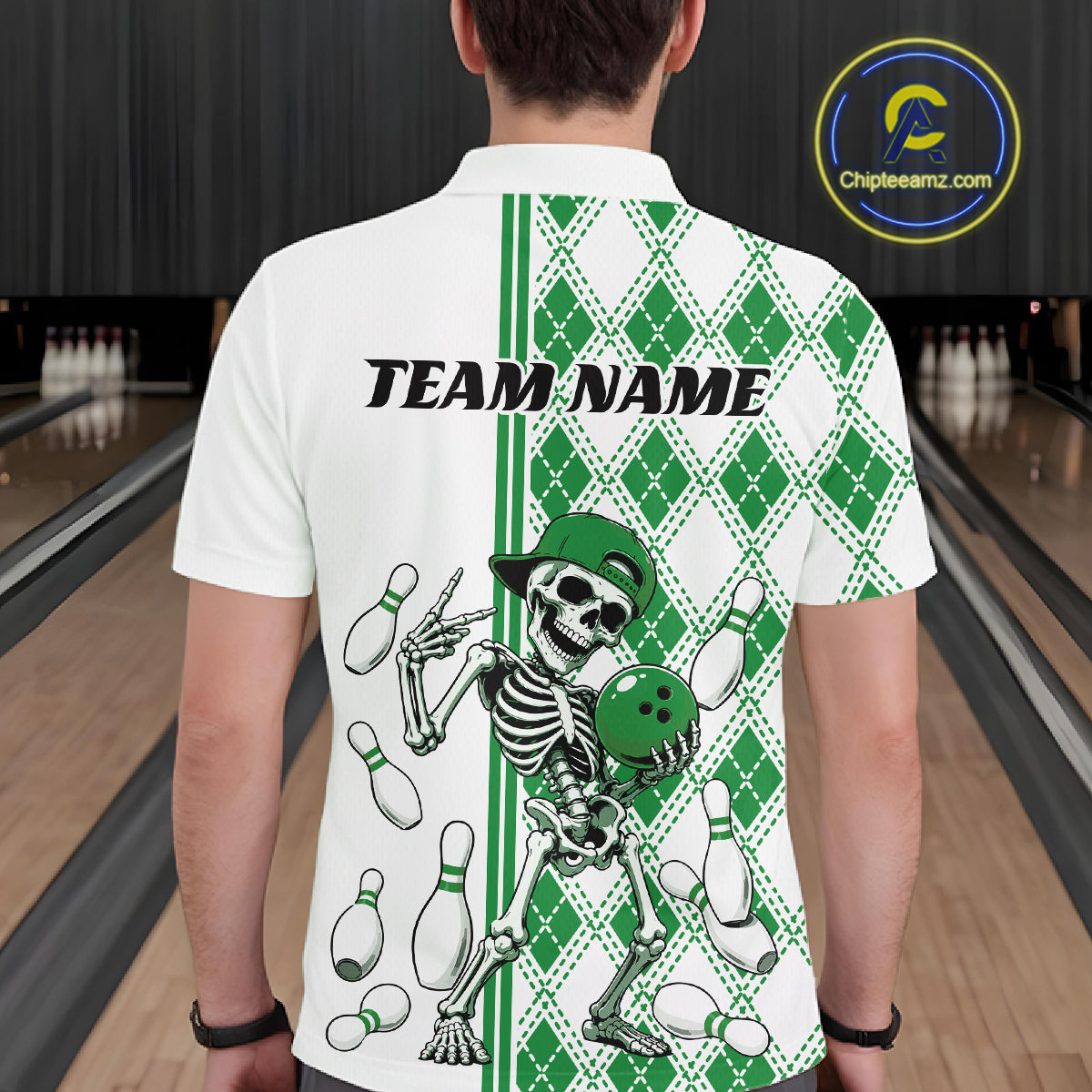 Custom Green Argyle Pattern Funny Skeleton Halloween Bowling Polo Shirt