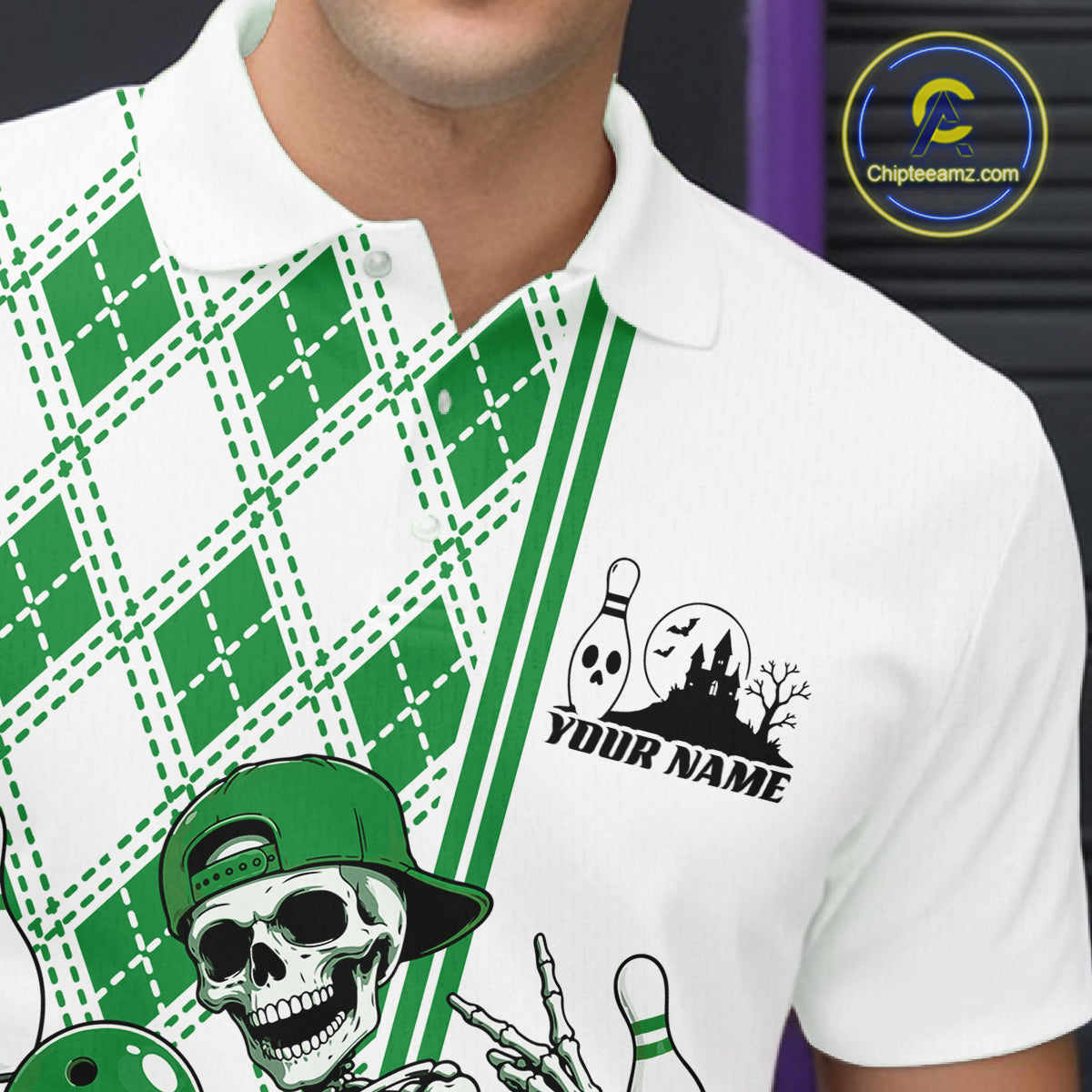 Custom Green Argyle Pattern Funny Skeleton Halloween Bowling Polo Shirt