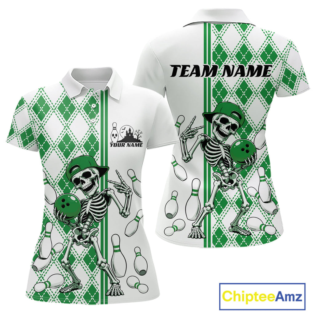 Custom Green Argyle Pattern Funny Skeleton Halloween Bowling Polo Shirt