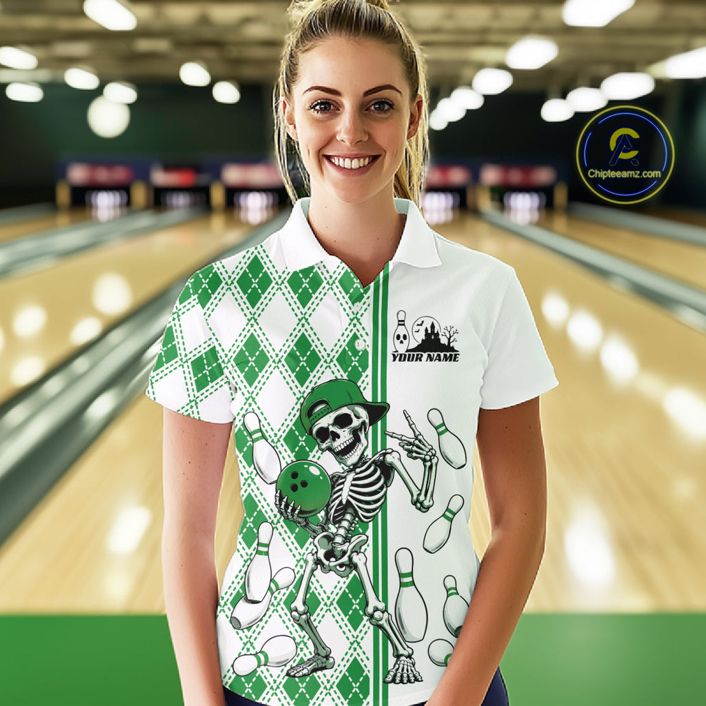 Custom Green Argyle Pattern Funny Skeleton Halloween Bowling Polo Shirt