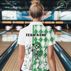 Custom Green Argyle Pattern Funny Skeleton Halloween Bowling Polo Shirt