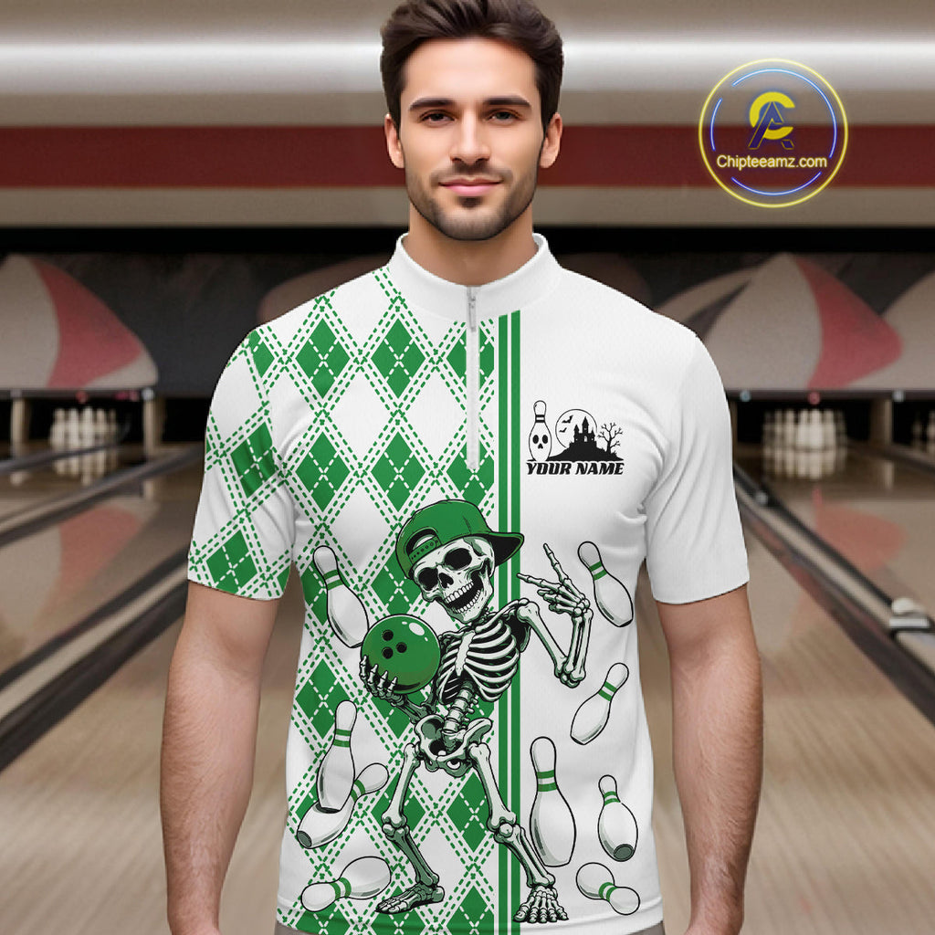 Custom Green Argyle Pattern Funny Skeleton Halloween Bowling Quarter Zip Shirt