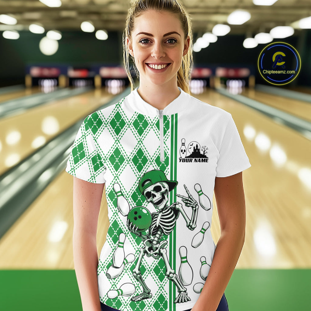 Custom Green Argyle Pattern Funny Skeleton Halloween Bowling Quarter-Zip Shirt