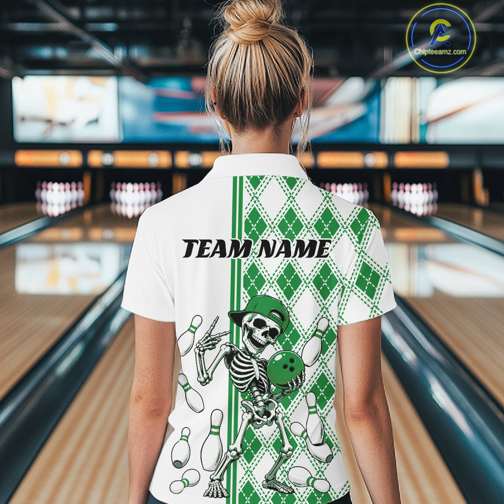 Custom Green Argyle Pattern Funny Skeleton Halloween Bowling Quarter-Zip Shirt