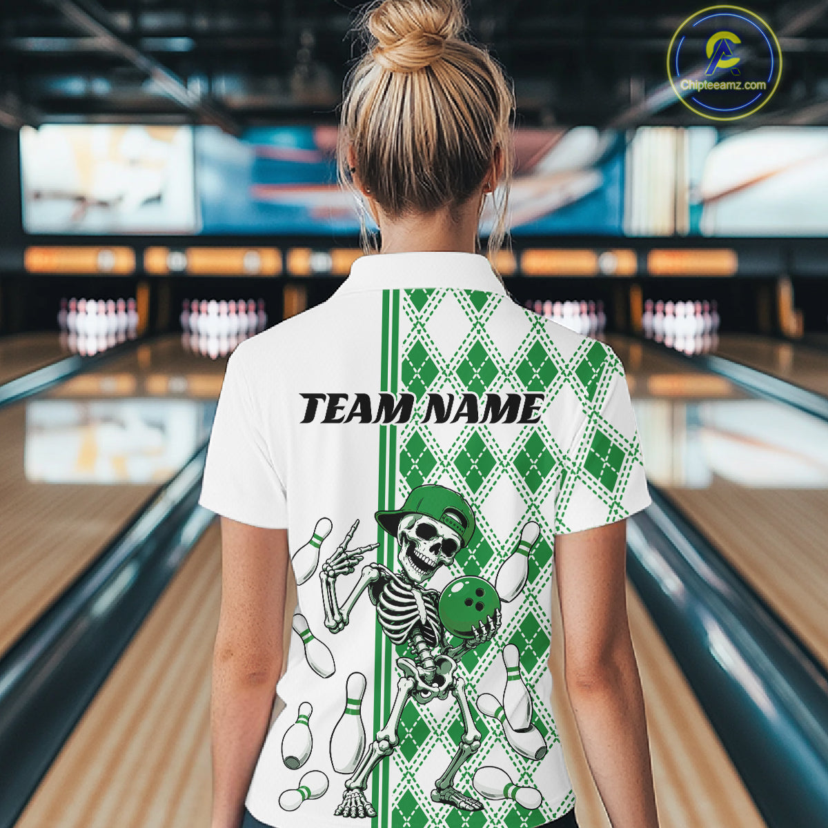 Custom Green Argyle Pattern Funny Skeleton Halloween Bowling Quarter-Zip Shirt
