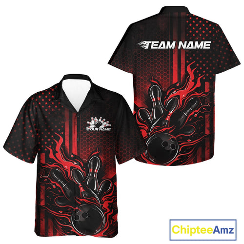 Custom Red Patrotic Flame Bowling And Hawaiian Shirt, US Flag Bowling Jersey