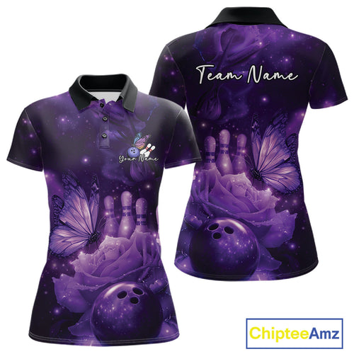 Custom Purple Butterfly And Roses Bowling Polo Shirts, Bowling Team