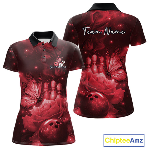 Custom Red Butterfly And Roses Bowling Polo Shirts, Bowling Team