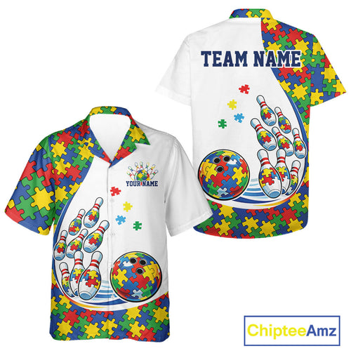 Custom Colorful Puzzles Autism Awareness Bowling And Hawaiian Shirt, Autism Acceptance Shirt