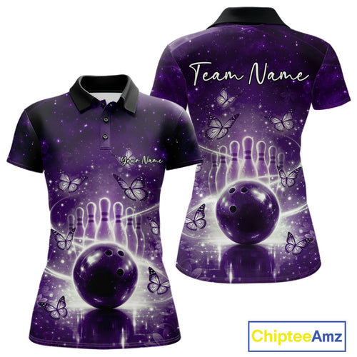 Custom Purple Butterfly Bowling Polo Shirt, Bowling League Shirt