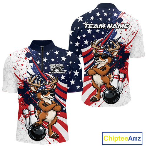 Splatter American Flag Custom Funny Patriotic Deer Bowling Quarter Zip Shirt, Team Uniform