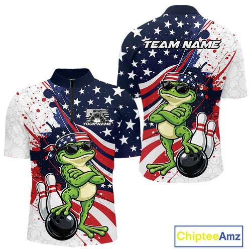 Splatter American Flag Custom Funny Patriotic Frog Bowling Quarter Zip Shirt, Team Uniform