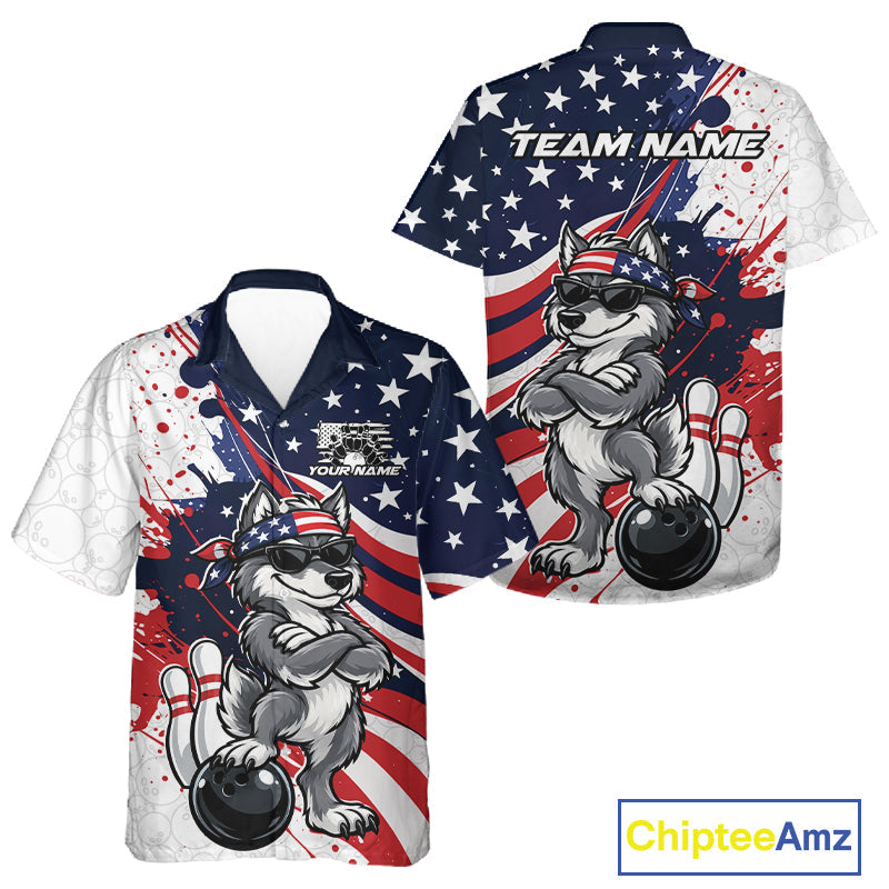 Splatter American Flag Custom Funny Patriotic Wolf Bowling And Button Up Shirt, Team Uniform
