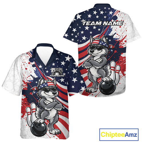 Splatter American Flag Custom Funny Patriotic Wolf Bowling And Button Up Shirt, Team Uniform
