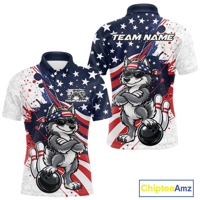 Splatter American Flag Custom Funny Patriotic Wolf Bowling Polo Shirt, Team Uniform