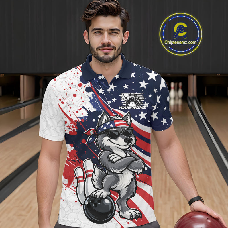 Splatter American Flag Custom Funny Patriotic Wolf Bowling Polo Shirt, Team Uniform