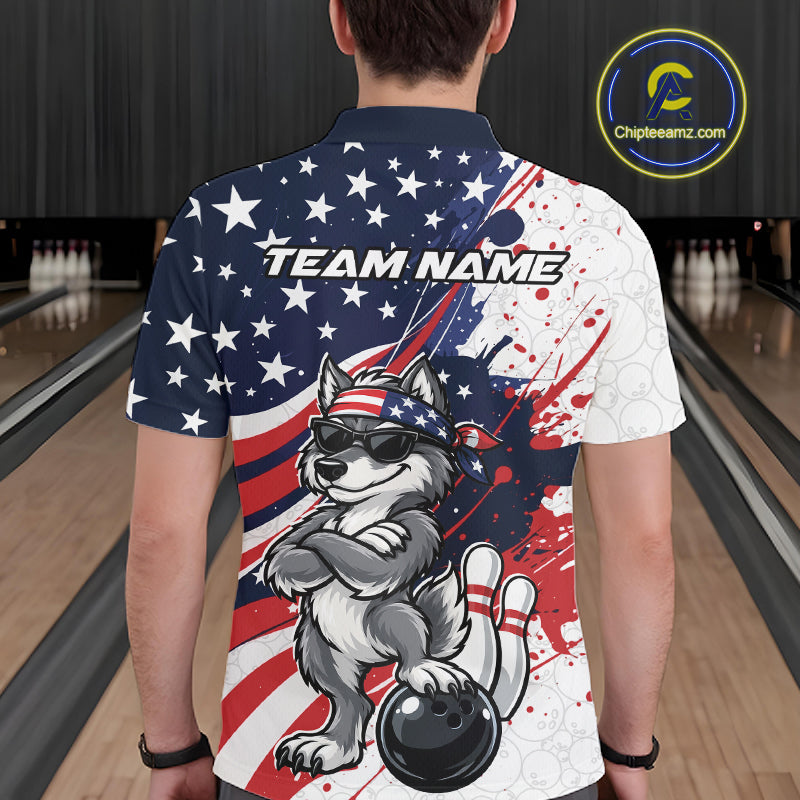 Splatter American Flag Custom Funny Patriotic Wolf Bowling Polo Shirt, Team Uniform