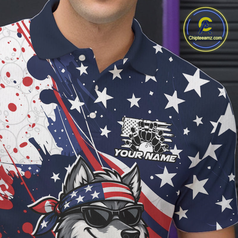 Splatter American Flag Custom Funny Patriotic Wolf Bowling Polo Shirt, Team Uniform