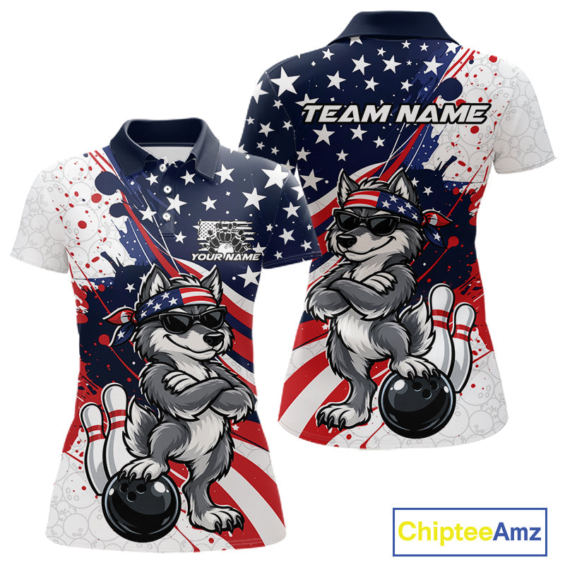 Splatter American Flag Custom Funny Patriotic Wolf Bowling Polo Shirt, Team Uniform
