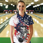 Splatter American Flag Custom Funny Patriotic Wolf Bowling Polo Shirt, Team Uniform